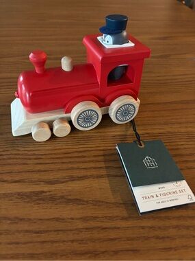 Hearth & Hand Wooden Red Pull Toy Train with Penguin Figurine